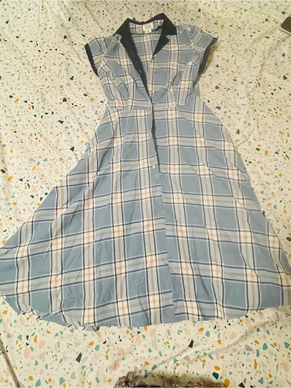 Unique Vintage Light Blue Plaid Swing Midi Dress with Black Collar